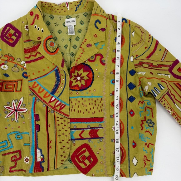 Chico's Green Boho Artsy Embroidered Studded Cropped Jacket Size 2 L - Picture 9 of 13
